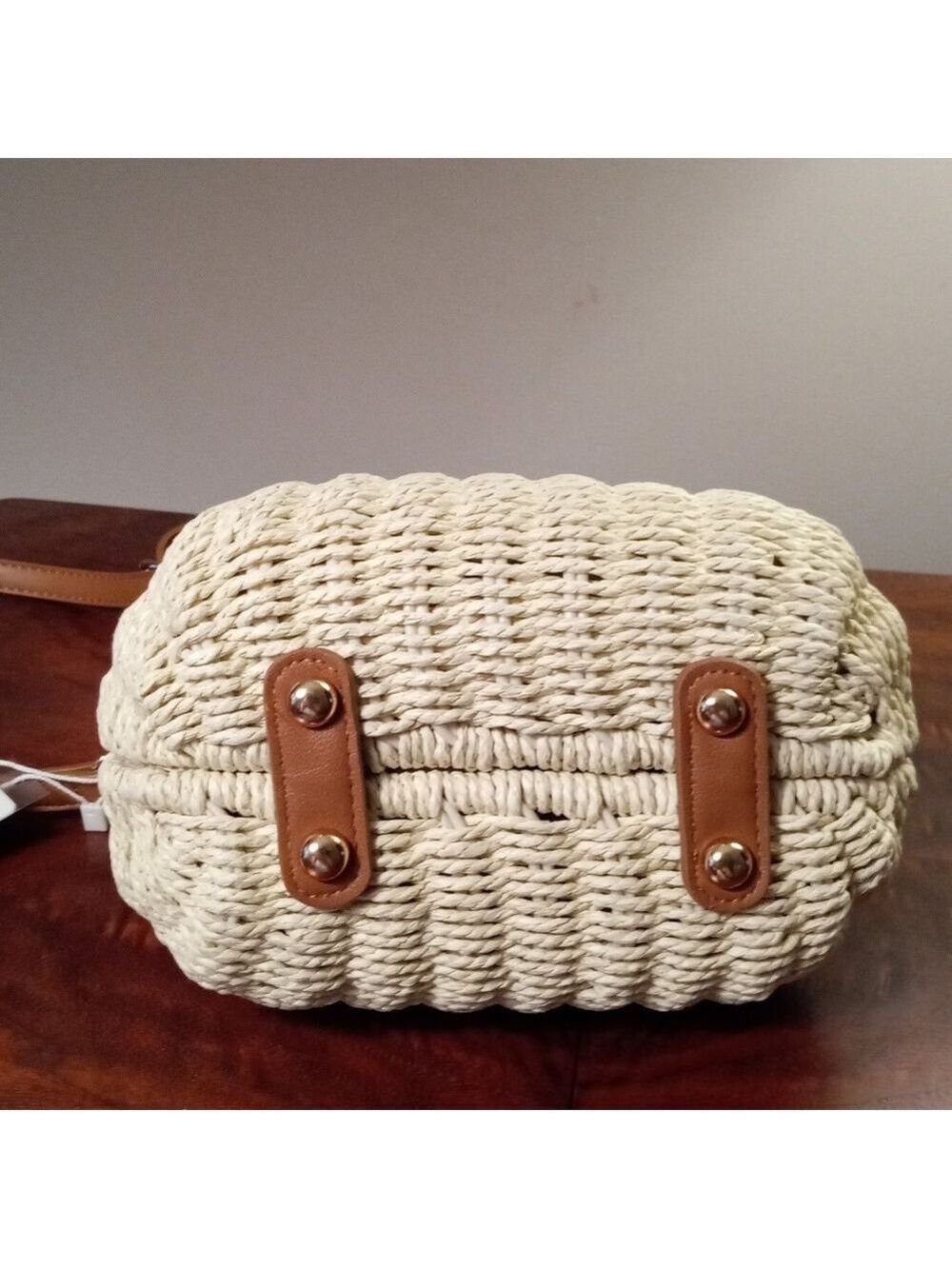 NWT Emperia Natural Straw And Vegan Leather Crossbody Bag With Beaded Accents - Picture 7 of 12